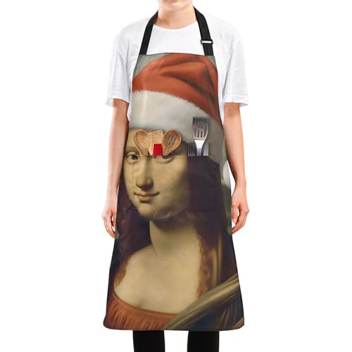 Painting Women's Aprons with Pockets Salon Adults Chef Kitchen Apron Cooking Mona Lisa Santa Christmas Baking Men Bakers Gifts