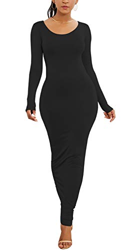 Primoda Women's Scoop Neck Long Sleeve Bodycon Maxi Dress Casual Long Dress(S Black) #TOP30
