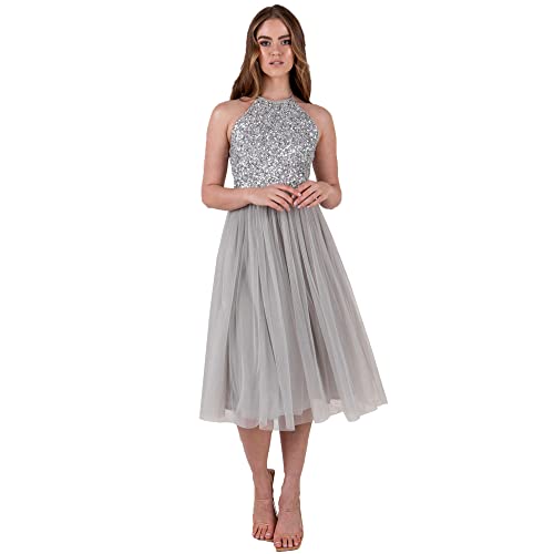Maya Deluxe Damen Neckholder-Midikleid mit Verzierungen Brautjungfernkleid Grau Größe 48