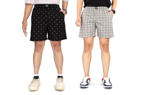 Image of UNOseven Shorts for Boys - 100% Cotton Printed with Side Pockets - Pack of 2 - Available from Size 7 Years to XL