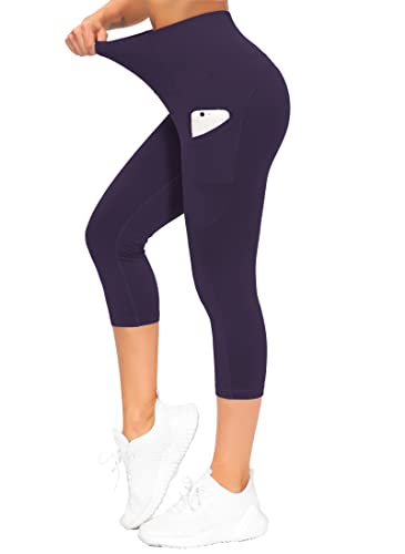 Image of THE GYM PEOPLE Thick High Waist Capris Yoga Pants with Pockets, Tummy Control Workout Running Yoga Leggings for Women