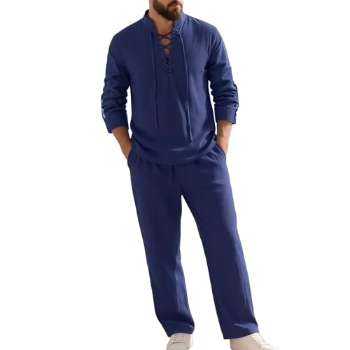 Traje de ocio para hombre elegante de 2 piezas, conjunto de ropa de verano vintage con cordones y pantalones de jogging, transpirable, traje de casa ligero, traje de verano de corte regular, traje de