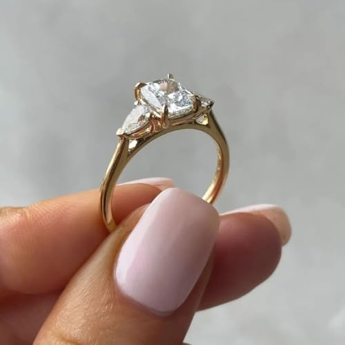 2 Ct Elongated Cushion Cut Diamond Delicate 3 Stone Solitaire Promise Ring Elegant Engagement Rings For Women 14K Yellow Gold Plated 925 Sterling Silver Handmade Proposal Ring Gift For Her2