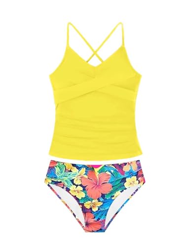 Image of Girls Swimsuit Tankini Criss Cross Ruched 2 Piece Bathing Suit Printed Girl Swimwear for Teens 9-16Y