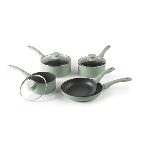Progress Neutrals 5-Piece Pan Set Includes 20cm & 24cm Fry Pans and 16 18 & 20cm Saucepans Non-Stick Recycled Aluminium Body Easy-Clean Design Tempered Glass Lids with Steam Vents