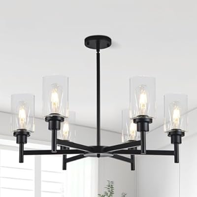 HCCZ 6 Light Farmhouse Chandelier Black Dining Room Light Fixture Over Table Industrial Hanging Pendant Lighting for Living Room Foyer Kitchen Island Adjustable Height E26 Socket with Glass Shade