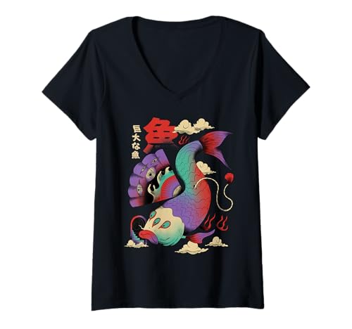 Womens Weirdcore Psychedelic Trippy Japanese Surreal Yokai Fish V-Neck T-Shirt