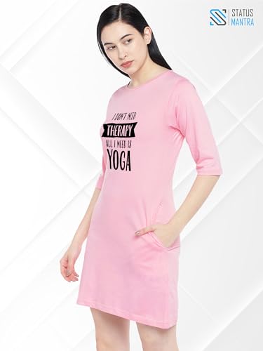 Image of STATUS MANTRA Women's Long T-Shirt Dress - Cotton Casual Knee Length Dress with 3 /4 Sleeves | Soft Bio-Washed Fabric, Crew Neck, Relaxed Fit | Comfy Summer Lounge Wear