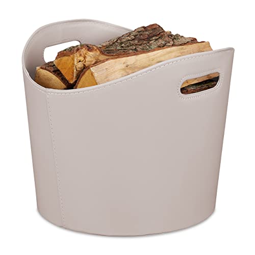 Relaxdays Holzkorb Cesta para Leña Piel Sintética L, Canasto con Asas para Guardar Troncos, para Madera de Chimenea, Gris...