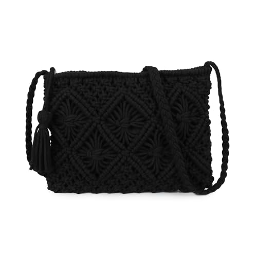 Gladdon Bohemian Small Crossbody Bag for Women Stylish Woven Shoulder Purses with Tassel Black