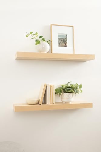Image of Kate and Laurel Havlock Modern Natural Floating Shelf; 36 x 8; Natural Wood; Functional Storage Shelf for Use as Entryway Display or Kitchen Spice Rack Shelf