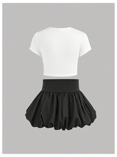 Image of Verdusa Girl's 2 Piece Bow Outfits Short Sleeve Fitted Crop Tops with Mini Bubble Skirt Set