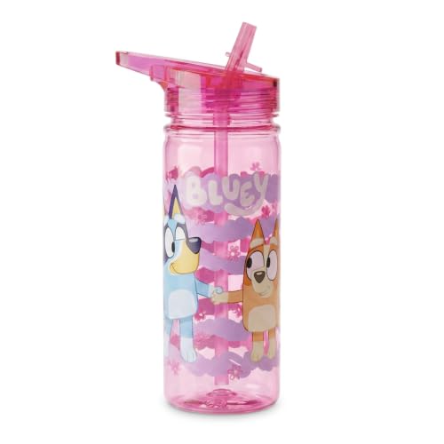 Bluey Girls Water Bottle 580ml with Carry Handle featuring and Bingo BPA-Free Reusable Drink Bottle for School & Travel Leak Resistant Flip Top (Pink)