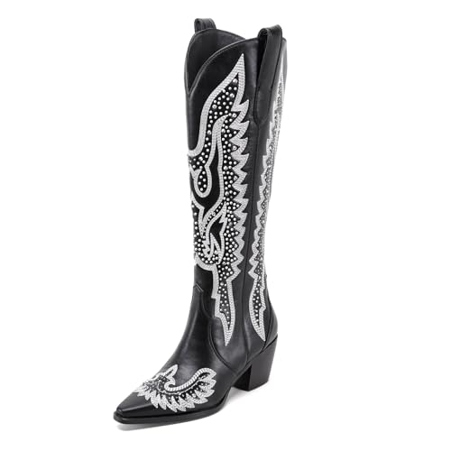 ADAMUMU Womens Wide Calf Cowboy Boots Classic Western-Style Cowboys Boots for Women Pointed Toe Womens Cowgirl Boots with Chunky Heel Non-Slip Sole for Adding Timeless Elegance to Your Wardrobe