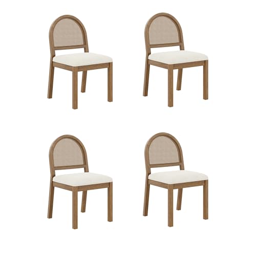Image of Nathan James Bailey 19 in. Boucle Dining Chair, Upholstered Side Chair with Natural Woven Rattan Back and Solid Wood Legs, Light Brown, Set of 4