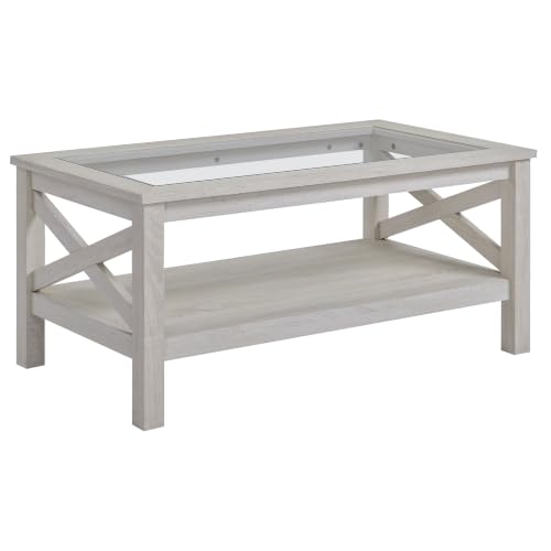 HOMCOM Coffee Table with Tempered Glass Tabletop, 39.25"x21.75", White Oak