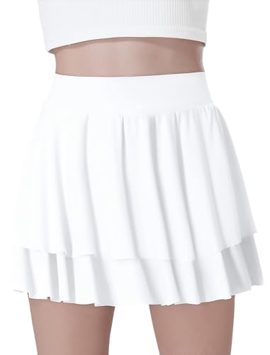 EXARUS Girls Athletic Tennis Skirt Golf Skort Cheer Flowy with Shorts Underneath Tiered Mini High Waisted Pleated Preppy White 12Y