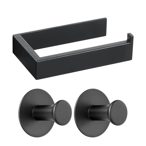 SAYAYO Porta Rollos de Papel Higienico y 2 Ganchos Adhesivo Negro, Portarollos Papel Higienico Adhesivo de Acero Inoxidable SUS304, Colgador Toalla Adhesivo para Baño, Dormitorio y Cocina