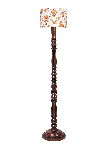 Image of Cotton Shade Floor Lamp with Wooden Base - Height 56 Inches, Orange Floral | Modern Standing Lamp for Living Room, Bedroom, Office | Stylish & Decorative Home Lighting | Elegant Decor