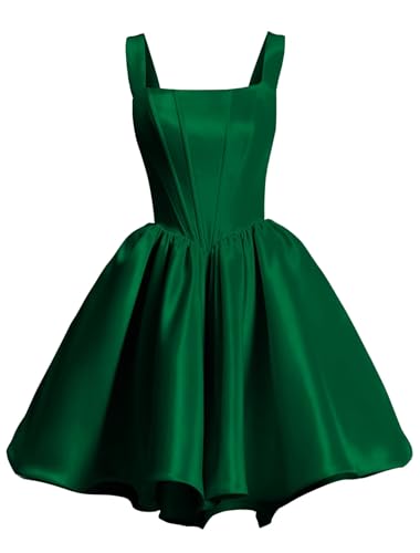 Satin A-line Homecoming Dress Short for Teens Spaghetti Straps Square Neck Coaktail Party Gowns with Pockets Emerald Green