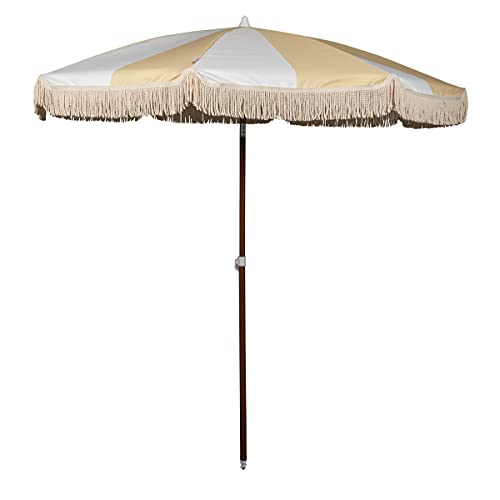 BEACH STATE Summerland 6.5ft Beach Umbrella with Fringe, UV 50+ Patio Umbrella with Titlting Pole, Holiday Tassel Umbrella with Carry Bag, (Limoncello Stripe) by BEACH STATE - Used condition - US$117.63