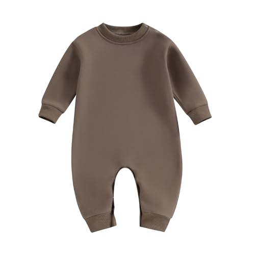 Image of Newborn Baby Boy Girl Fleece Romper Jumpsuit Solid Color Long Sleeve Thick Sweater Onesie Warm Winter Outfit Clothes