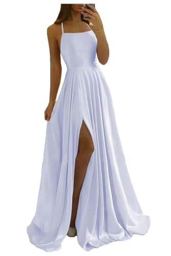 Image of Women Long Formal Dress Solid Satin Spaghetti Straps A Line Evening Cocktail Dresses with Slit