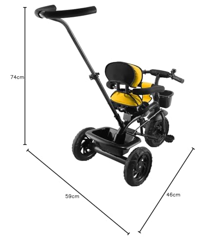 Image of JoyRide Learn-to-Ride Trike on 3 Wheels with Safety Harness, Non-Slip Pedal,Storage Basket and Removable Parent Handle (Yellow)
