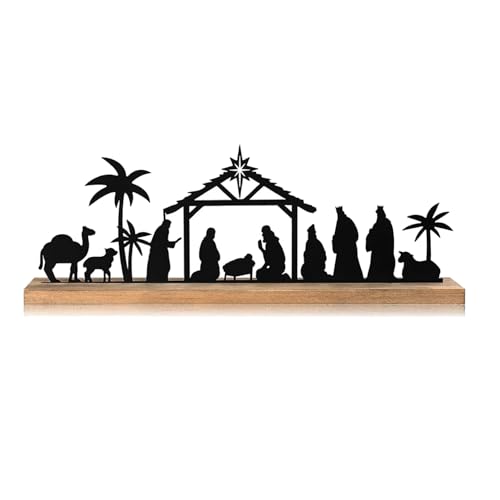 Zmupl Conjunto de presépio para decoração de Natal em interiores, conjunto de presépio de metal preto, placa de madeira, centro de mesa de Natal, festa de Natal, suprimentos de decoração de interiores