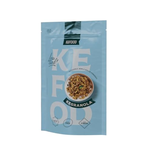 Kefood Kegranola Granola Keto con Gotas de Chocolate - Muesli Proteico Crujiente con Almendras y Semillas - Solo 1,2 g de Hidratos de Carbono, Sin Azúcar y Sin Gluten - 100% Vegetal - 225 g