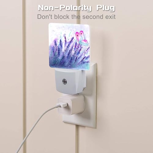 Image of Lavender with Pink Butterfly Night Light for Kids, Watercolor Purple Meadow Floral Night Light Plug in with Dusk to Dawn Sensor, 0.5w Energy Saving Nightlight for Hallway Stairway Kitchen Bedroom