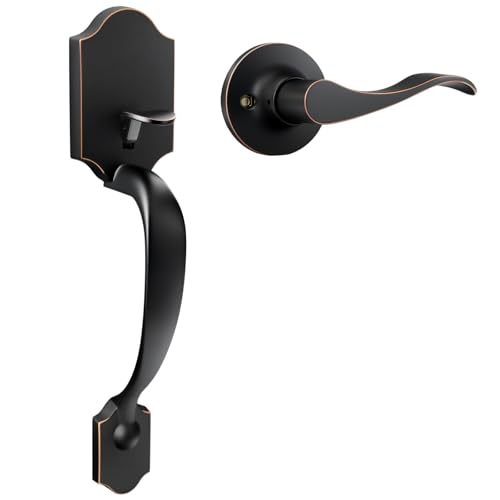 Image of Haidms Front Door Handle Oil-Rubbed Bronze, Entry Door Lock and Reversible Handle Lever,Single Cylinder Door Handle Set with Lower Half Lever for Left and Right Hand Door