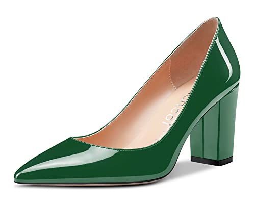 Image of Aachcol Women Pumps Pointed Toe Slip on Mid Heel Dress Office Chunky Block Heels Shoes 3 Inches