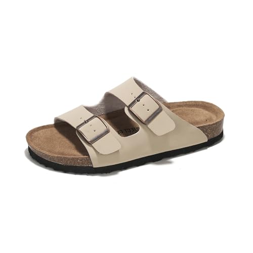Project Cloud Flat Sandals Women Comfortable Genuine Leather Memory Foam Beach Essentials Womens Sandals Cork Footbed Women's Sandals Vacation Essentials Slides for Women Footwear (Venita, Beige,7) - 7