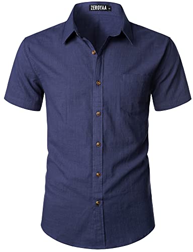 ZEROYAA Men's Fitted Cotton Linen Casual Short Sleeve Button Up Shirts Lightweight Beach Tops with Pocket Navy Medium