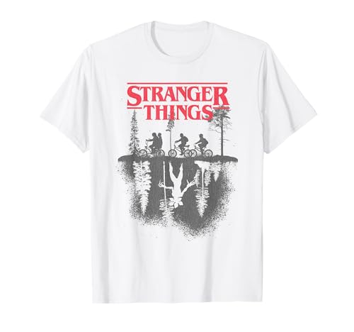 Stranger Things T-Shirt mit Silhouette Forest Logo - Unisex Weiß S Kurzarm Klassische Passform Polyester Lizenziertes Stranger Things Design Dehnbar