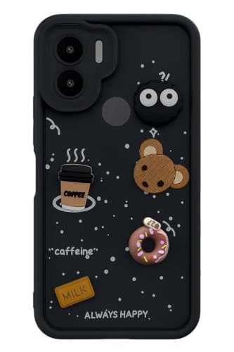 Image of Bintage Cute Fun Ball | Taddy Cartoon 3D Smiley Coffee Cup | Milk Donut | Full Protection Rubber Back Cover Compatible for Redmi A1 Plus - Black