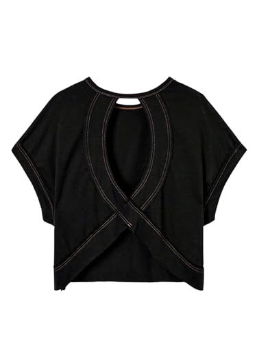 SOLY HUX Women Open Back Tops Workout Backless Tee Casual Athletic Shirts Short Sleeve Oversized Gym T Shirt Solid Black Medium