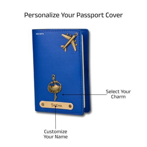 Image of AICA Personalised Name & Charm Leather Passport Cover Holder for Men & Women (RoyalBlue)