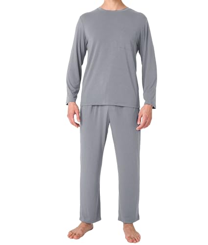 Image of BAMBOO COOL Mens Pajama Set Bamboo Viscose Soft Pijamas Sets for Men Long Sleeve Full Length Pants Pjs Sleepwear with Pockets