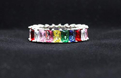Savlano 18K White Gold Plated Cubic Zirconia Emerald Cut Multicolor Rainbow Eternity Ring Band (10)3