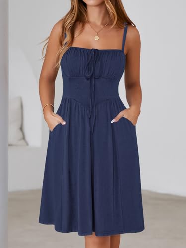 Image of YATHON Summer Mini Corset Sun Dress for Women Short Casual Square Neck Lace Up Floral Beach Vacation Dresses with Pockets