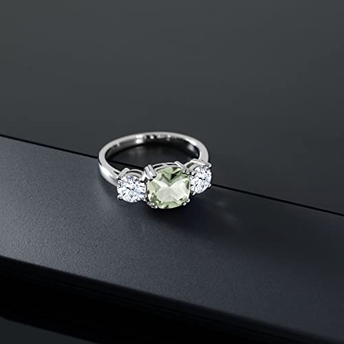 Gem Stone King 925 Sterling Silver Green Prasiolite and White Zirconia 3 Stone Engagement Ring For Women (3.55 Cttw, Gemstone, Cushion 8MM, Available in Size 5,6,7,8,9)3