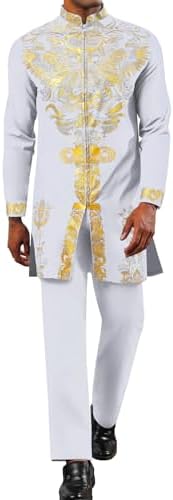 Mens African 2 Piece Set Zipper Nigerian Dashiki Metallic Shirt and Pants Outfit Gold Stamp Printed Long Traditional Suit