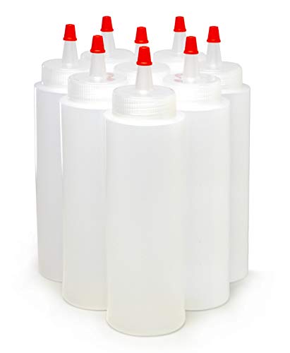 Bastex 8-Ounce Plastic Squeeze Bottles Pack of 8. Clear Bottles with Yorker Red Caps. Perfect for Arts and Crafts Food Glue Paint or Any DIY Liquids. Multiple Purpose Refillable, Reusable Containers.