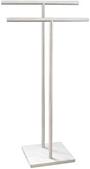 Standing Towel Rack Double-T Shape Bath Towel Sheet Holder with Marble Design Base for Bathroom Floor Next to Tub or Shower 2 Tier Towel Holder Stand Stainless Steel Brushed Nickel