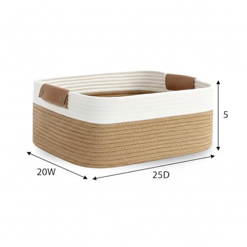 Image of AuraNest Pack of 1-12x8x5 inch, Rectangle Handwoven Jute Cotton Basket | Eco-Friendly Shelf Baskets for Kitchen, Living Room, Office Ideal for Storage, Organization & Gift Hampers (Beige And White)