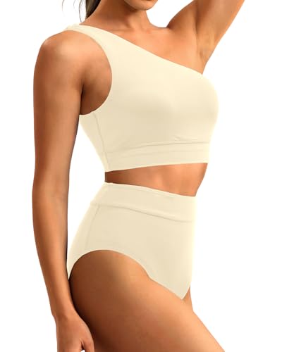 Image of Holipick Women One Shoulder High Waisted Bikini Sets Two Piece Swimsuit Tummy Control Bathing Suit Full Coverage Swimwear
