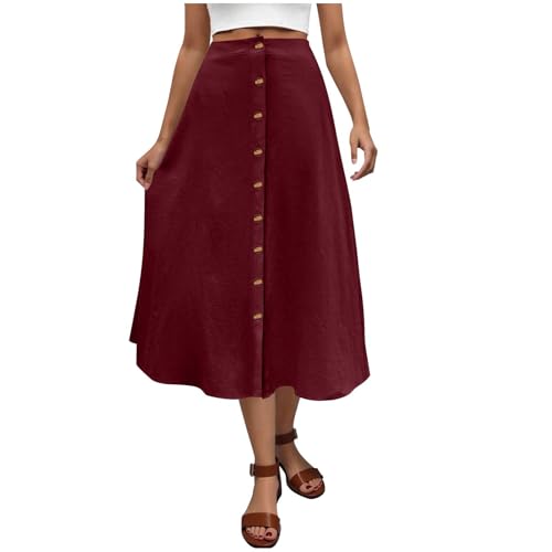 Linen Skirts for Womens Casual Elastic Waisted Front Button Down Solid Color Maxi Long Skirts Trendy Summer Outfits 2025