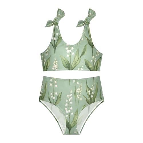 JUNZAN Cartoon Lily Flowers Green Girls Bikini Bathing Suit High Waisted 2 Piece Swimwear Toddler Girls Swimming Suit 3T2